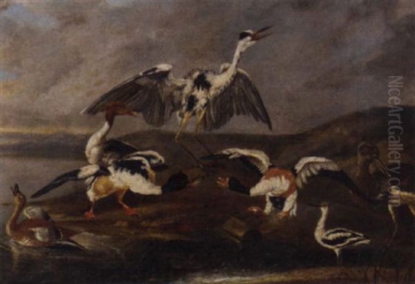 Ducks, A Heron And Other Birds On A Bank Oil Painting by Philipp Ferdinand de Hamilton