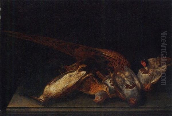 A Dead Pheasant, Partridge And Woodcock On A Stone Ledge Oil Painting by Philipp Ferdinand de Hamilton