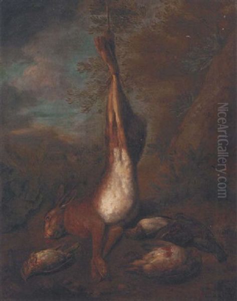 A Dead Hare, A Partridge And Other Game Birds In A Landscape Oil Painting by Philipp Ferdinand de Hamilton