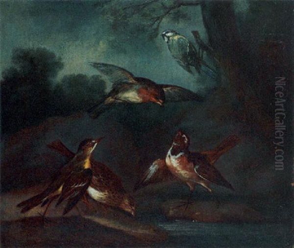 Songbirds Drinking From A Pool In A Landscape by Philipp Ferdinand de Hamilton