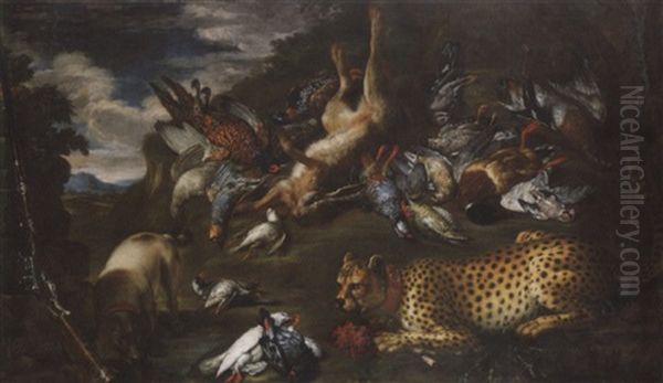 A Hunting Still Life With A Dead Hare, A Pheasant, A Mallard And Other Birds, With A Pointer And A Cheetah Oil Painting by Philipp Ferdinand de Hamilton