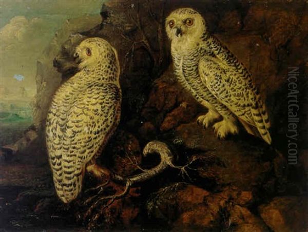 Two Female Snowy Owls In A Mountainous Landscape Oil Painting by Philipp Ferdinand de Hamilton