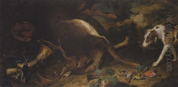 A Hunting Still Life Of A Dead Stag, A Phesant, A Kingfisher, A Blue Tit, A Bullfinch And Oher Birds, With A Hunting Horn And A Rifle, By A Hound In A Landscape Oil Painting by Philipp Ferdinand de Hamilton