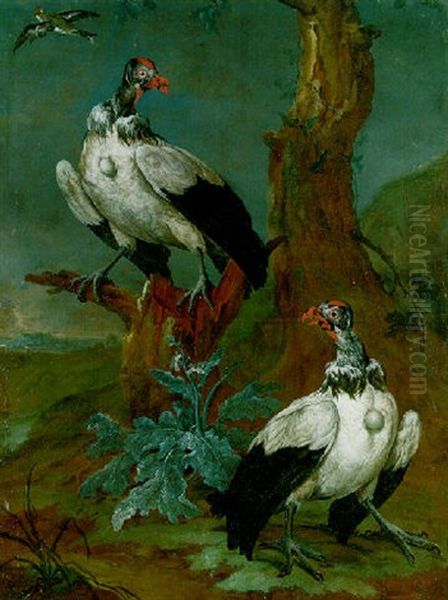 Two Vultures By A Tree In An Extensive Landscape And Another Bird In Flight Oil Painting by Philipp Ferdinand de Hamilton