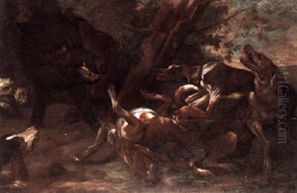 Hounds Attacking A Wild Boar Oil Painting by Philipp Ferdinand de Hamilton