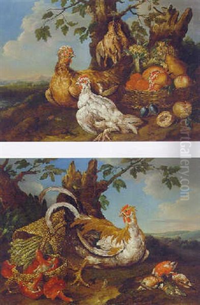 A Chicken By Baskets Of Asparagus And Mushrooms By Dead Birds In A Landscape Oil Painting by Philipp Ferdinand de Hamilton