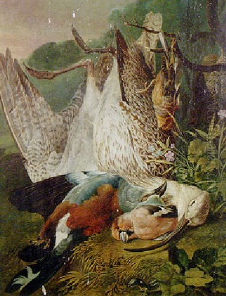 Still Life Of A Curlew, Roller, Hawfinch, And Lizard In A Landscape Oil Painting by Philipp Ferdinand de Hamilton