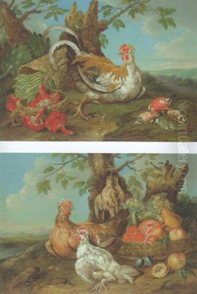 A Chicken By A Basket Of Mushrooms And Asparagus And Dead Birds In A Landsape Oil Painting by Philipp Ferdinand de Hamilton