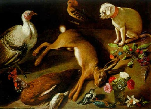 Stilleben Mit Erlegtem Feldhasen, Verschiedenen Vogeln, Einem Hund Und Einem Blumenstraus Oil Painting by Philipp Ferdinand de Hamilton