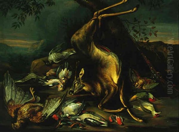 Still Life Of A Deer, An Eagle, Pigeons, Kingfishers, Woodpeckers And A Gun In A Landscape Setting Oil Painting by Philipp Ferdinand de Hamilton