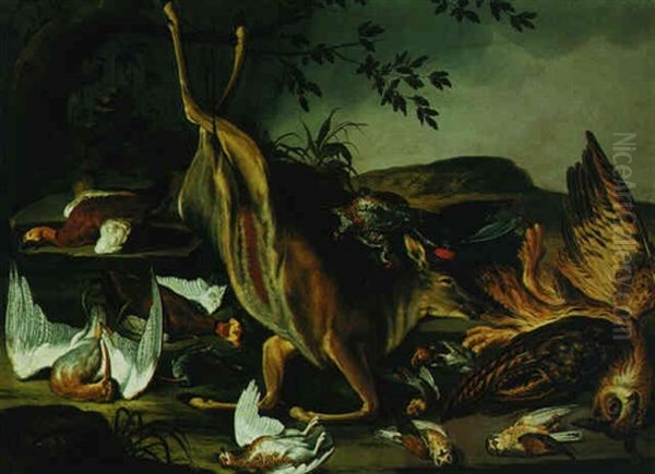 Still Life Of A Deer, Owl And Other Birds In A Landscape Setting Oil Painting by Philipp Ferdinand de Hamilton