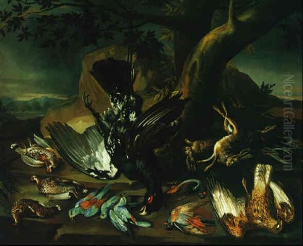 Still Life Of A Hung Capercaille, An Eagle, Hares, And Other Birds In A Landscape Setting Oil Painting by Philipp Ferdinand de Hamilton