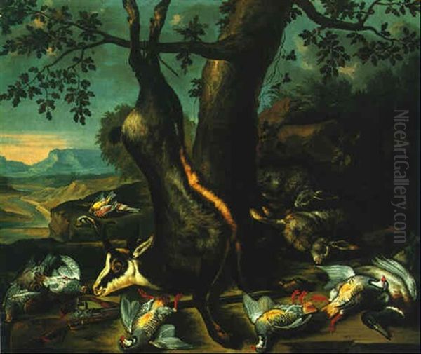 Still Life Of A Hung Goat, Two Hares, A Duck And Other Birds In A Landscape Setting Oil Painting by Philipp Ferdinand de Hamilton