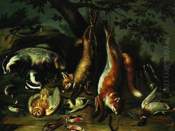 Still Life Of Foxes, Badgers, Ducks, An Owl And Other Birds, And A Gun In A Landscape Setting Oil Painting by Philipp Ferdinand de Hamilton