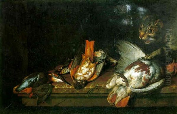 A Cat With Dead Birds On A Marble Ledge Oil Painting by Philipp Ferdinand de Hamilton