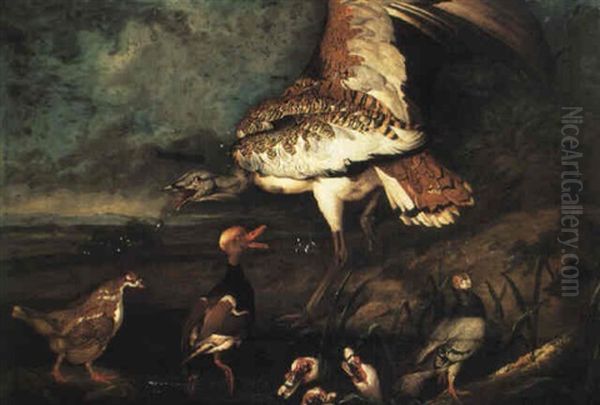 Great Bustard And Other Birds By A Pond Oil Painting by Philipp Ferdinand de Hamilton