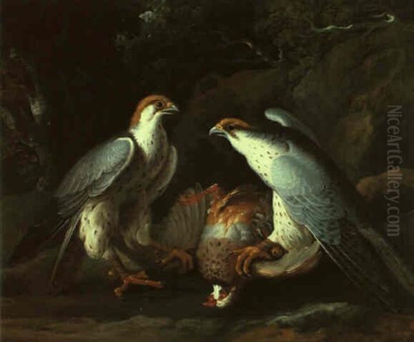 Zwei Jagdfalken Mit Einem Erlegten Vogel Oil Painting by Philipp Ferdinand de Hamilton