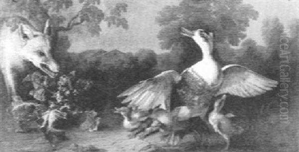 Fox Attacking A Goose And Her Young Oil Painting by Philipp Ferdinand de Hamilton