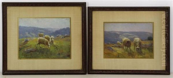 Sheep Grazing In Landscape (pair) Oil Painting by Robert Hamilton