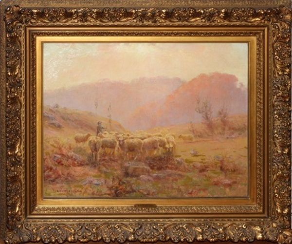 Shepherd With Flock Oil Painting by Robert Hamilton