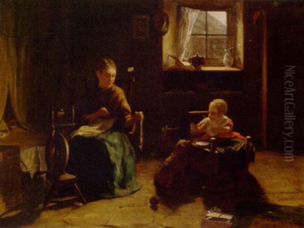 A Mother And Child In An Interior Oil Painting by James Hamilton