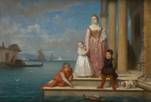 Enfant Jouant A La Gondole Sur Fond De Lagune A Venise Oil Painting by Edouard Jean Conrad Hamman