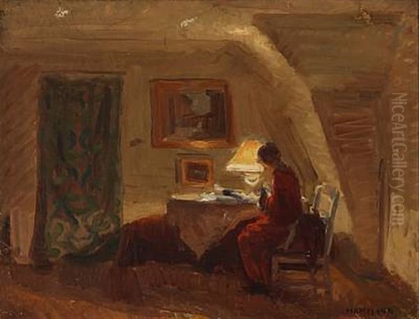 A Woman Reading By The Lamplight Oil Painting by Marius Hammann