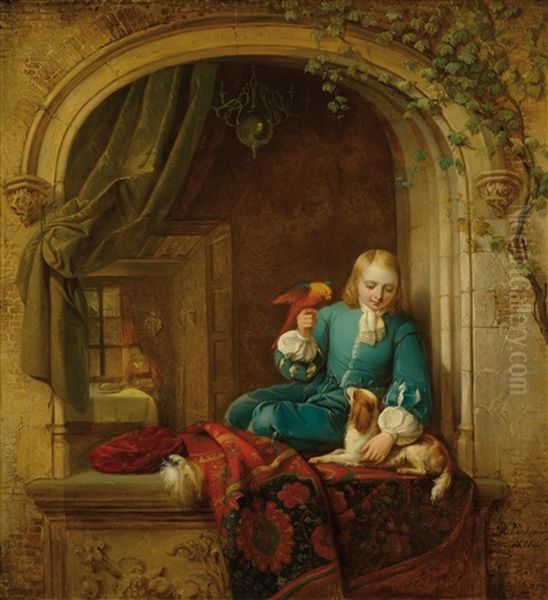 Boy At A Window With Dog And Parrot Oil Painting by Alexis van Hamme