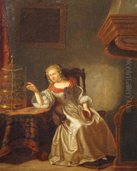 Interieur Met Vrouw Bij Een Vogelkooi Oil Painting by Alexis van Hamme