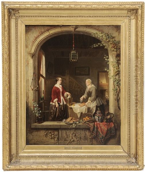 The Waffle Merchant, View Through A Portico Of An Elegant Woman Buying A Waffle Oil Painting by Alexis van Hamme