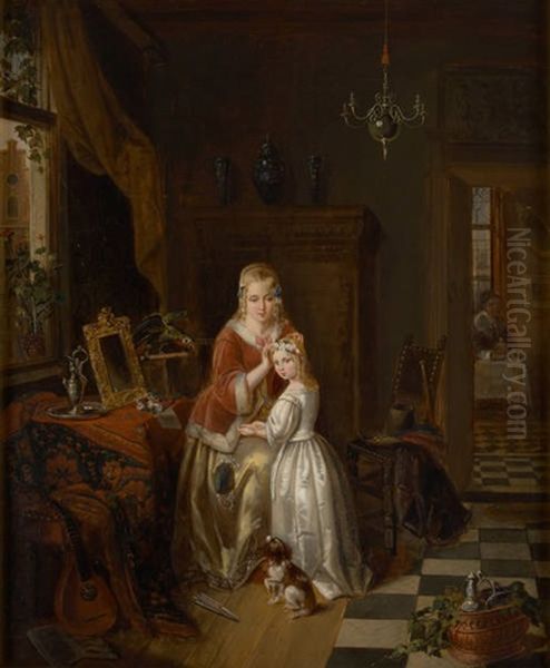 Mere Et Fille A Leur Toilette Oil Painting by Alexis van Hamme