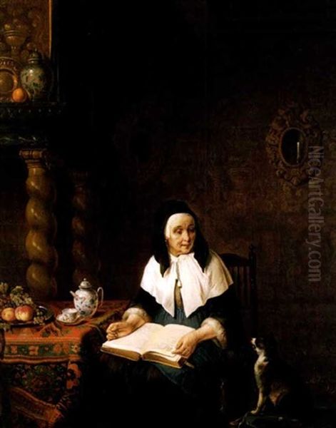 Dame In Einem Interieur Mit Einer Katze Oil Painting by Alexis van Hamme