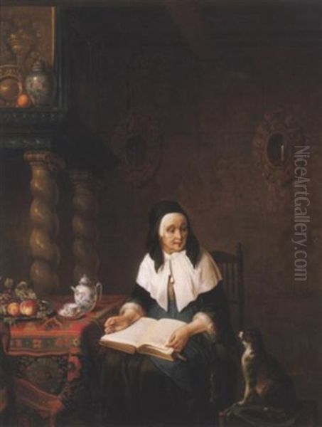 Dame In Einem Interieur Mit Einer Katze Oil Painting by Alexis van Hamme