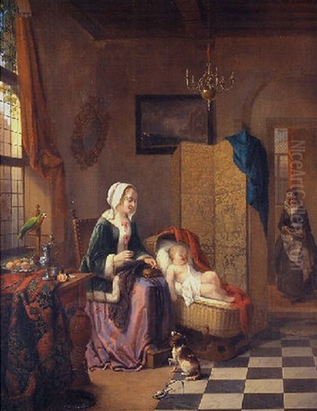 Mother And Child In An Interior Oil Painting by Alexis van Hamme