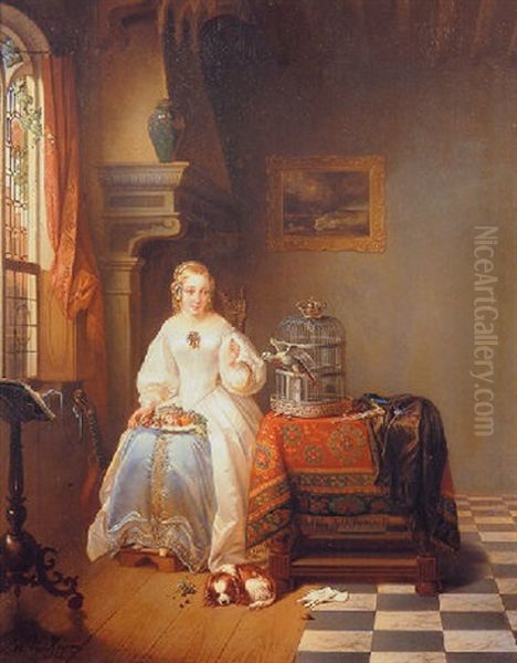 Lady With Her Parrot In An Elegant Interior Oil Painting by Alexis van Hamme