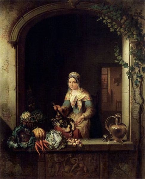 Junge Gemusehandlerin Am Fenster Oil Painting by Alexis van Hamme