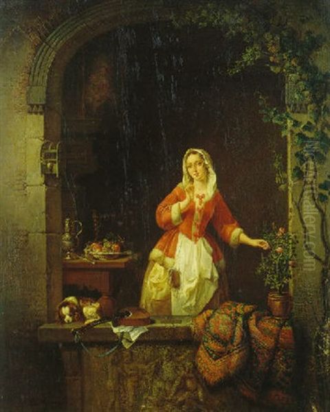 Junge Frau Am Fenster Oil Painting by Alexis van Hamme