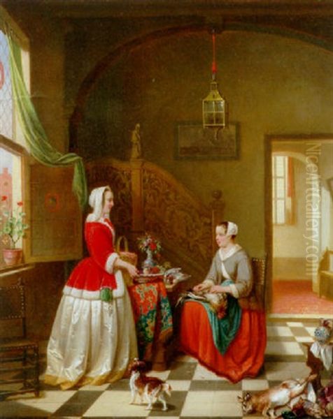 A Lady Giving Instructions To Her Maid Oil Painting by Alexis van Hamme