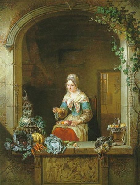 Marchande De Legumes A Sa Fenetre Oil Painting by Alexis van Hamme