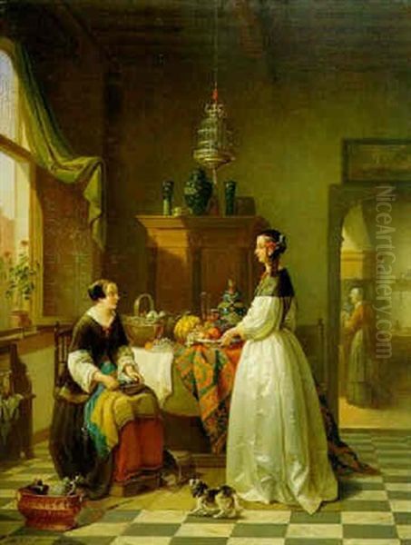 Interieur Mit Hausherrin Und Rustenden Magden Oil Painting by Alexis van Hamme