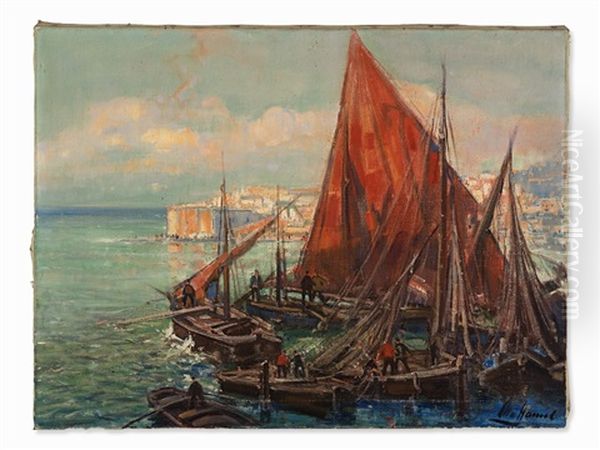 Ships In The Harbor Oil Painting by Otto Hammel