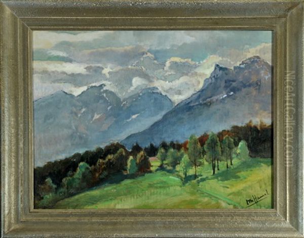 Waldlandschaft Mit Blick Auf Wolkenverhangene Berge Oil Painting by Otto Hammel