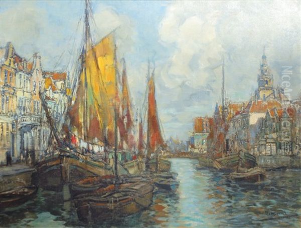 Canal In Amsterdam With The Oude Kerk Oil Painting by Otto Hammel