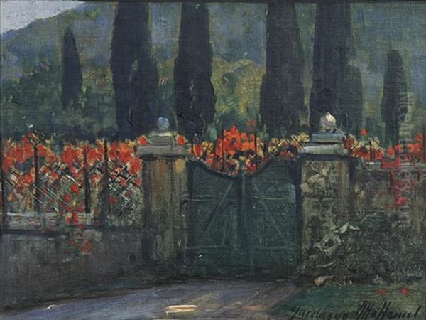 Gartentor Am Gardasee, Dahinter Uppige Rote Blumen Und Zypressen Oil Painting by Otto Hammel