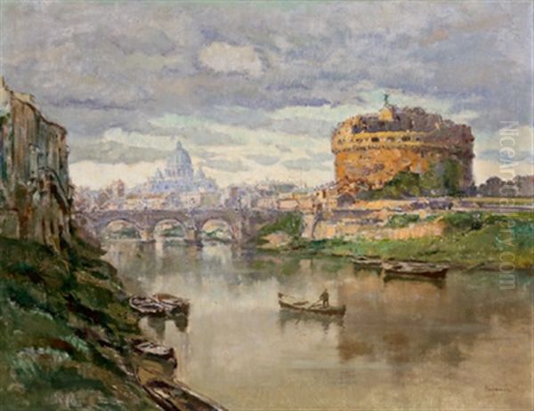 In Rom, Blick Uber Den Tiber Auf Die Engelsburg Und Den Petersdom Oil Painting by Otto Hammel