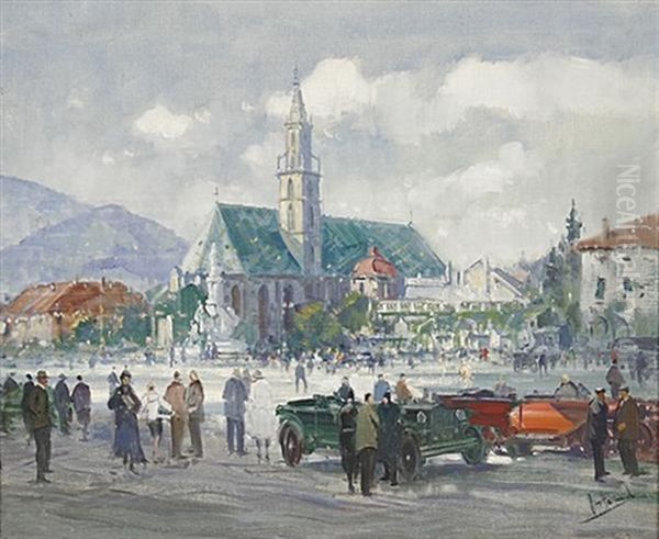 Der Waltherplatz In Bozen. Belebte Szene Oil Painting by Otto Hammel