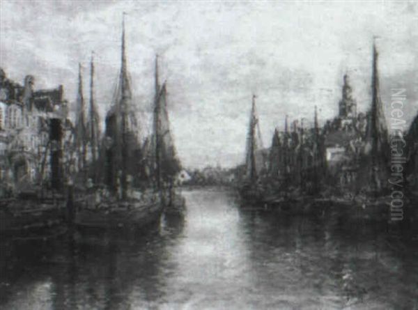 A View Of A Busy Continental Harbour Oil Painting by Otto Hammel