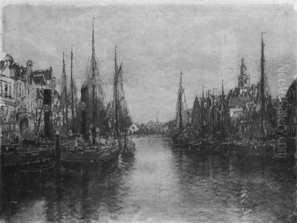 A View Of A Busy Continental Harbour Oil Painting by Otto Hammel