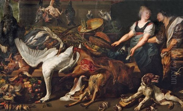 Interieur De Cuisine Avec Des Trophees De Gibier, Cygne, Paon, Faisans Et Volailles (after Frans Snyders And Pierre-paul Rubens) Oil Painting by Edmund Guido Hammer