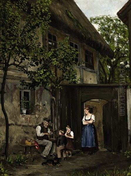 Familie Vor Dem Gehoft Oil Painting by Erik Hammer